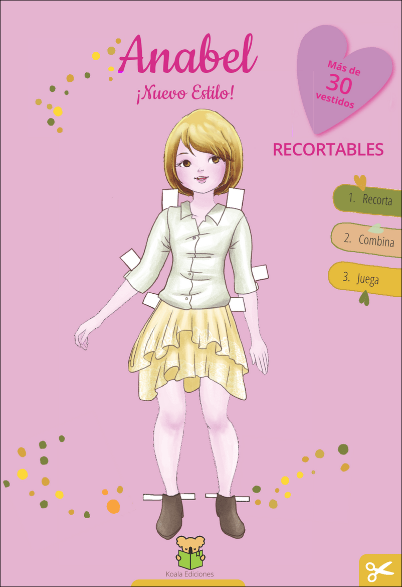Muestra la portada del libro, donde aparece la muñeca llamada Anabel con pelo corto, falda drapeada amarilla y camisa blanca. Todo sobre un fondo rosa.