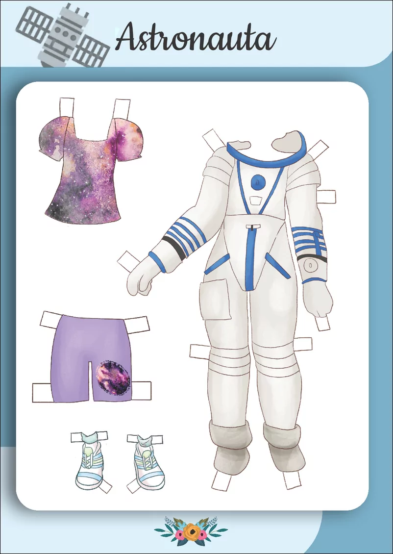 Página interior del libro, recoje traje de astronauta para la muñeca de recortar